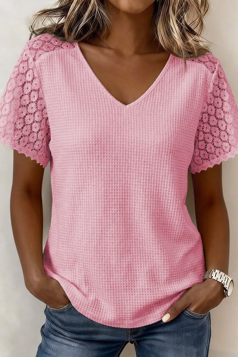 Lace Spliced Button Cutout V Neck Waffle Knit Blouse