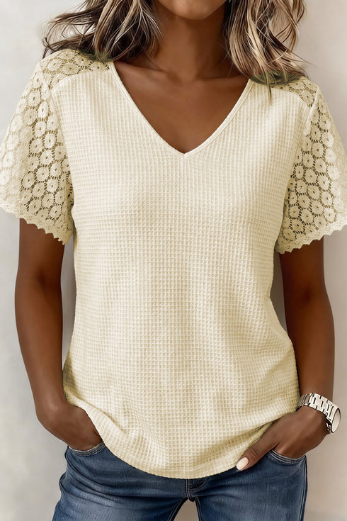 Lace Spliced Button Cutout V Neck Waffle Knit Blouse