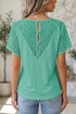 Lace Spliced Button Cutout V Neck Waffle Knit Blouse