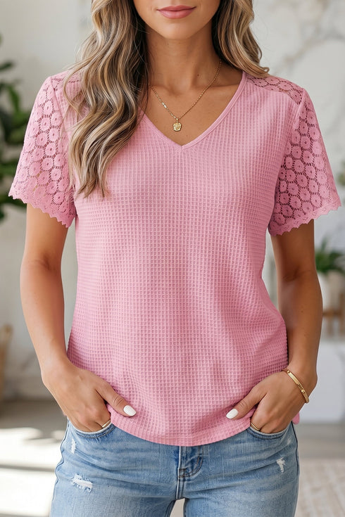 Lace Spliced Button Cutout V Neck Waffle Knit Blouse