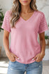Lace Spliced Button Cutout V Neck Waffle Knit Blouse
