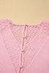 Lace Spliced Button Cutout V Neck Waffle Knit Blouse