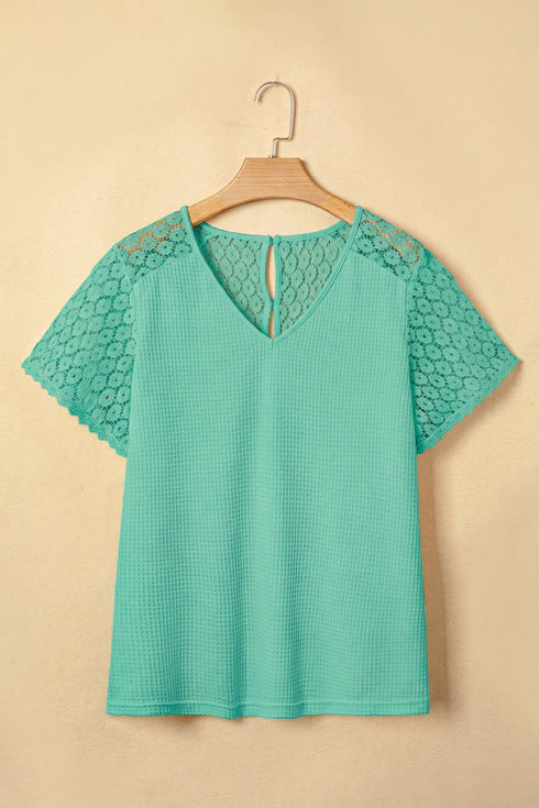 Lace Spliced Button Cutout V Neck Waffle Knit Blouse