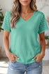 Lace Spliced Button Cutout V Neck Waffle Knit Blouse