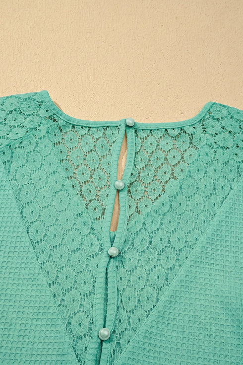 Lace Spliced Button Cutout V Neck Waffle Knit Blouse