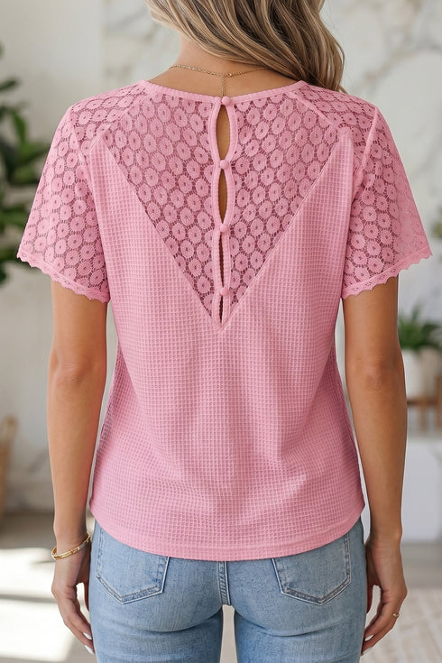 Lace Spliced Button Cutout V Neck Waffle Knit Blouse