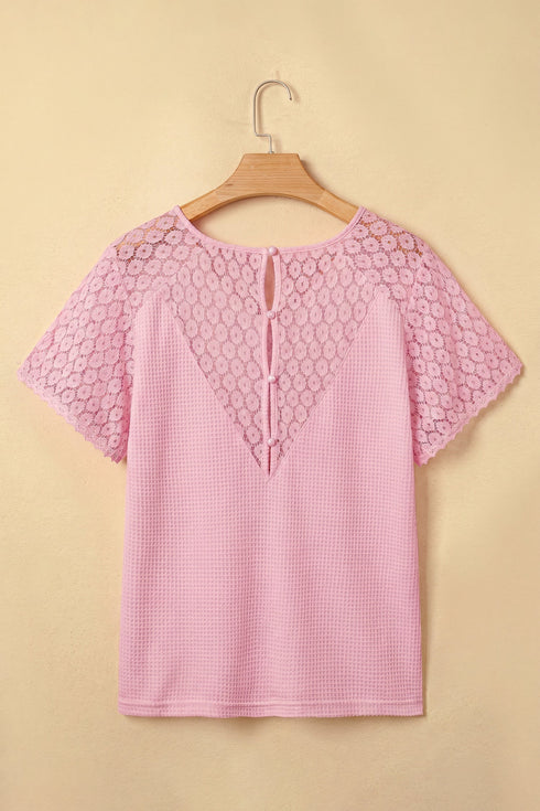 Lace Spliced Button Cutout V Neck Waffle Knit Blouse