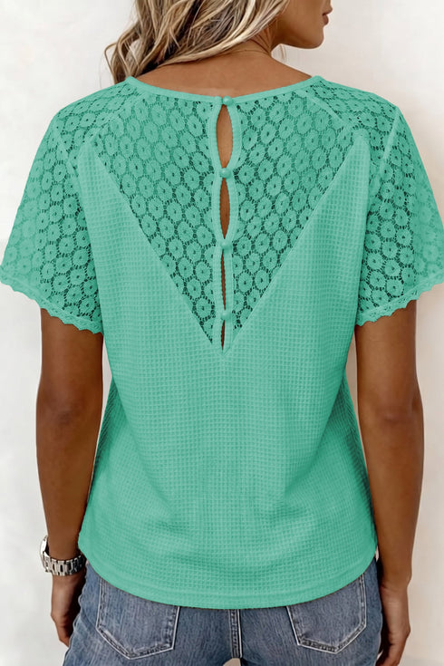 Lace Spliced Button Cutout V Neck Waffle Knit Blouse