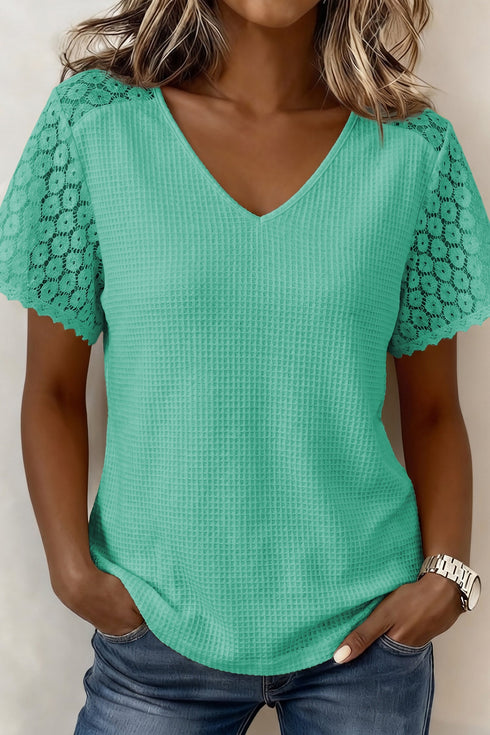 Lace Spliced Button Cutout V Neck Waffle Knit Blouse