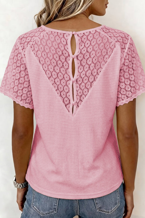 Lace Spliced Button Cutout V Neck Waffle Knit Blouse