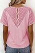 Lace Spliced Button Cutout V Neck Waffle Knit Blouse