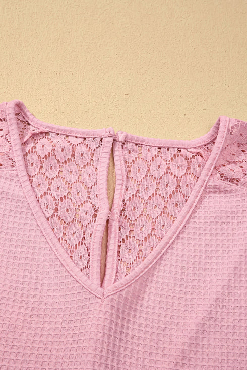 Lace Spliced Button Cutout V Neck Waffle Knit Blouse