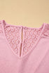 Lace Spliced Button Cutout V Neck Waffle Knit Blouse