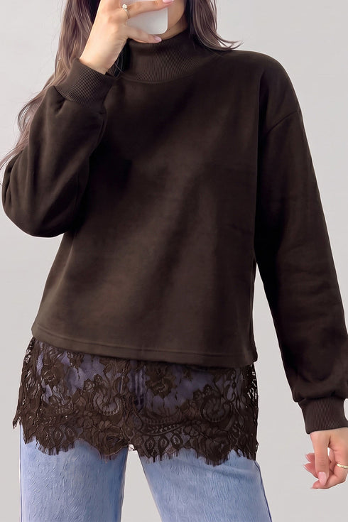 Lace Spliced Hem High Neck Pullover Sweatshirt