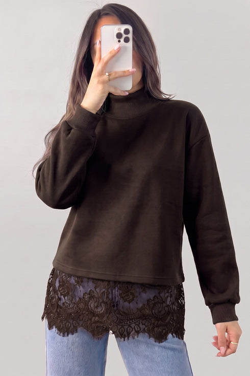 Lace Spliced Hem High Neck Pullover Sweatshirt