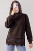 Lace Spliced Hem High Neck Pullover Sweatshirt