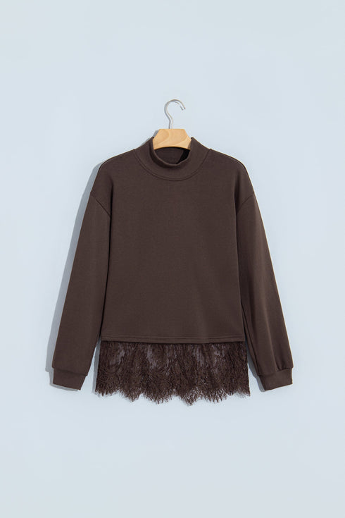 Lace Spliced Hem High Neck Pullover Sweatshirt