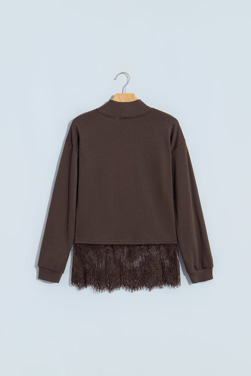 Lace Spliced Hem High Neck Pullover Sweatshirt