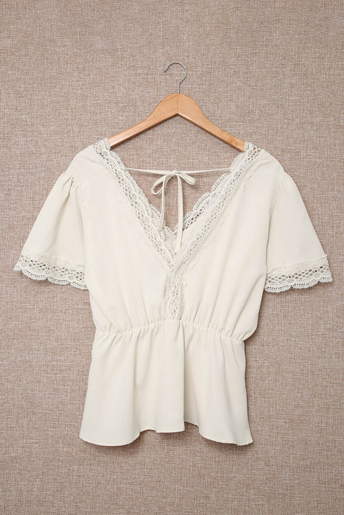 Lace Splicing V Neck Short Sleeve Blouse