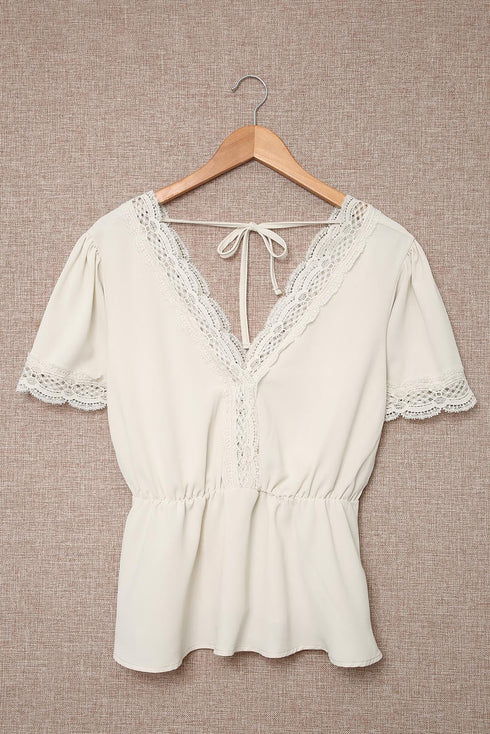 Lace Splicing V Neck Short Sleeve Blouse