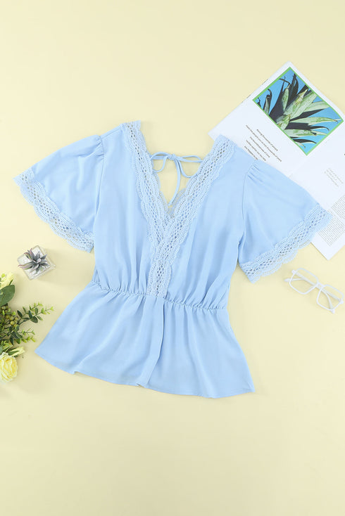 Lace Splicing V Neck Short Sleeve Blouse