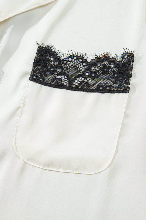 Lace Trim Button Front Long Sleeve Pajama Set