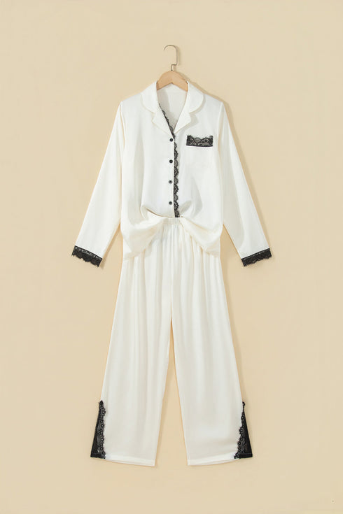 Lace Trim Button Front Long Sleeve Pajama Set
