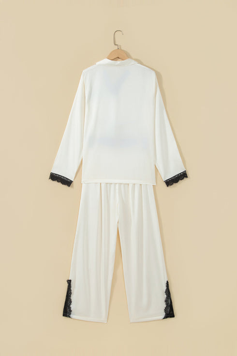 Lace Trim Button Front Long Sleeve Pajama Set