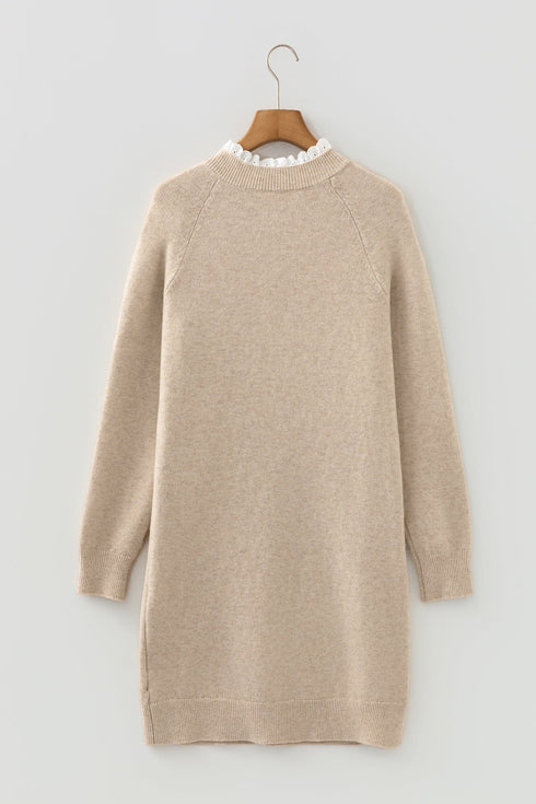 Lace Trim Button Shoulder Brushed Knit Sweater Dress