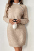 Lace Trim Button Shoulder Brushed Knit Sweater Dress