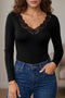 Lace Trim Elegant Neckline Slim Long Sleeve Feminine Top