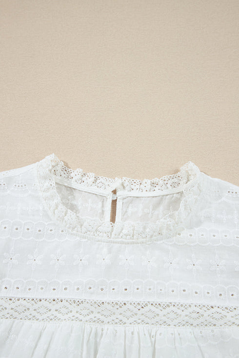 Lace Trim Eyelet Flutter Sleeve Cotton Blouse