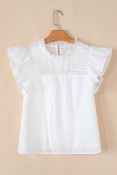 Lace Trim Eyelet Flutter Sleeve Cotton Blouse