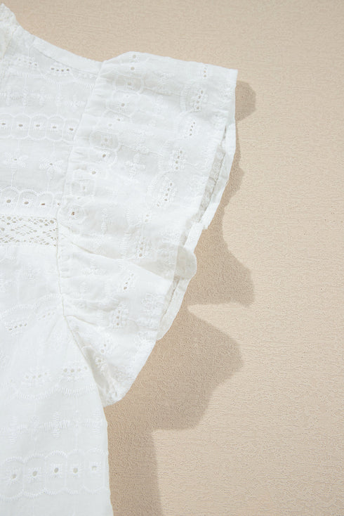 Lace Trim Eyelet Flutter Sleeve Cotton Blouse