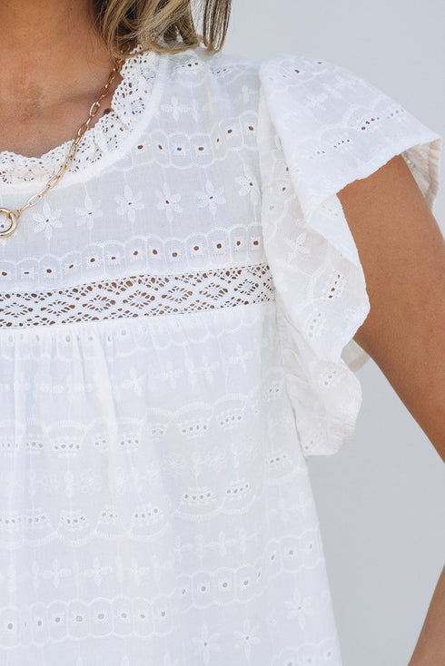 Lace Trim Eyelet Flutter Sleeve Cotton Blouse
