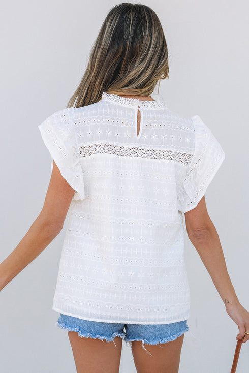 Lace Trim Eyelet Flutter Sleeve Cotton Blouse