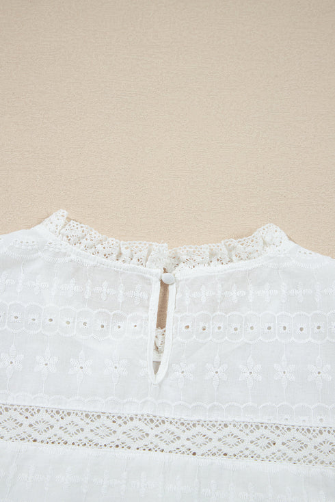 Lace Trim Eyelet Flutter Sleeve Cotton Blouse