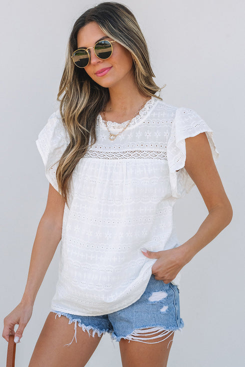 Lace Trim Eyelet Flutter Sleeve Cotton Blouse