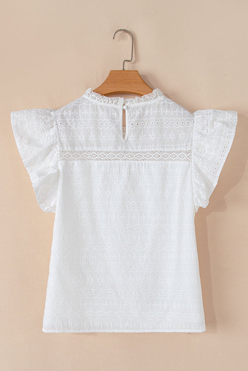Lace Trim Eyelet Flutter Sleeve Cotton Blouse
