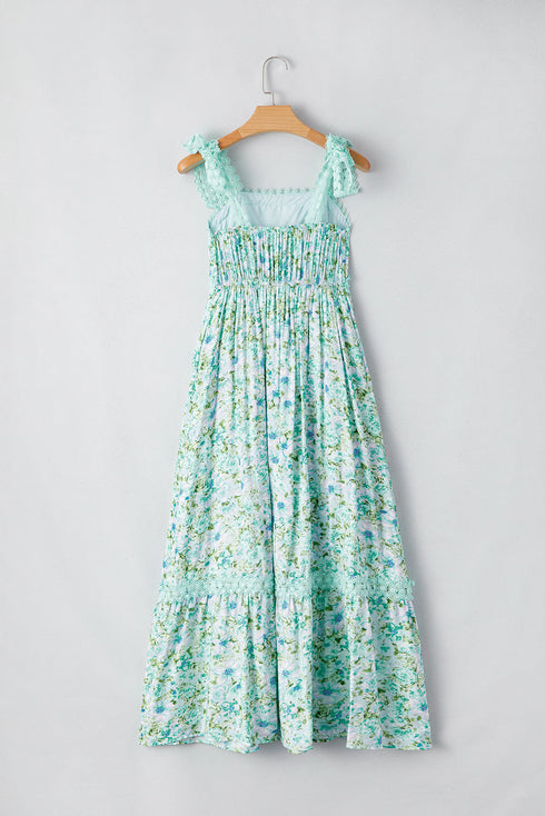 Lace Trim Floral Print Tiered Maxi Dress