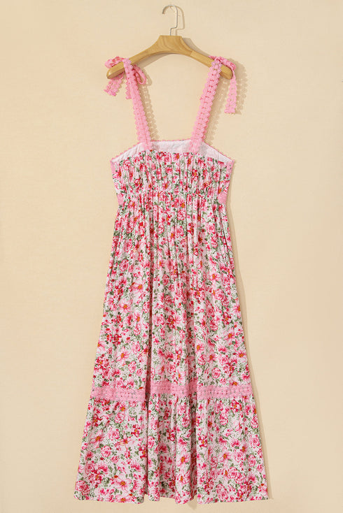 Lace Trim Floral Print Tiered Maxi Dress