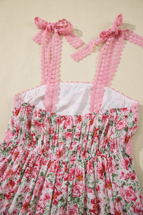 Lace Trim Floral Print Tiered Maxi Dress