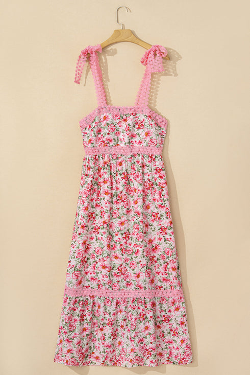Lace Trim Floral Print Tiered Maxi Dress