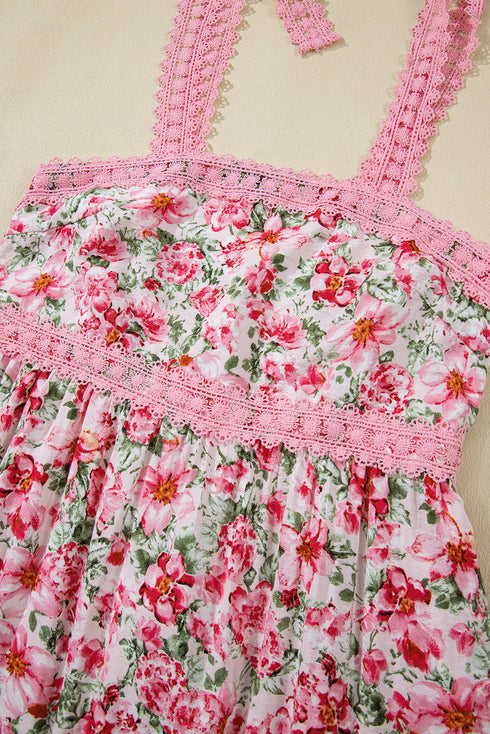 Lace Trim Floral Print Tiered Maxi Dress