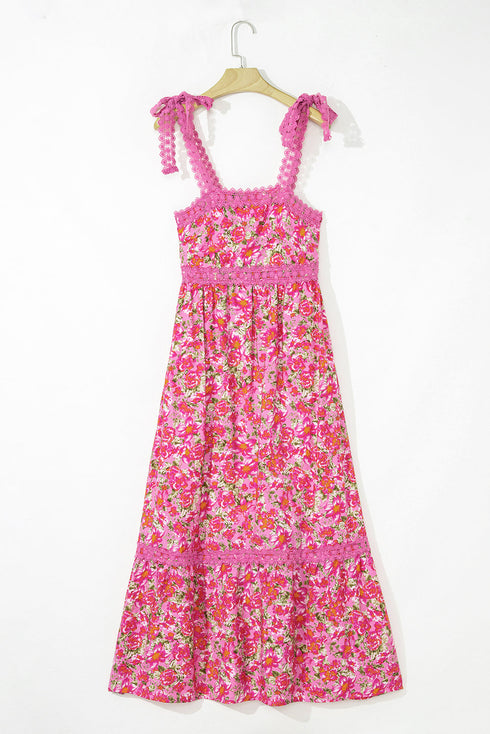 Lace Trim Floral Print Tiered Maxi Dress