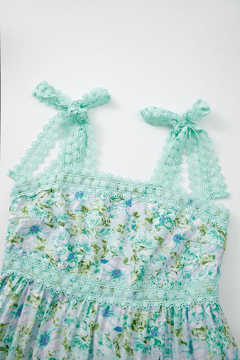 Lace Trim Floral Print Tiered Maxi Dress
