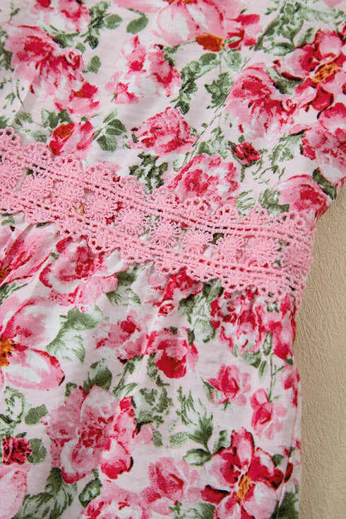 Lace Trim Floral Print Tiered Maxi Dress
