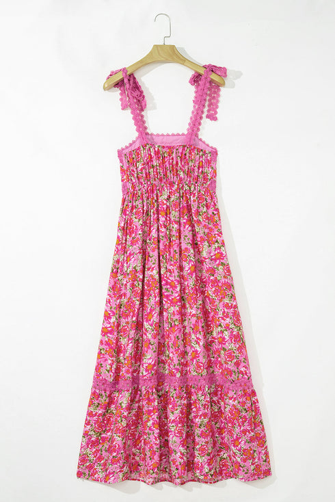 Lace Trim Floral Print Tiered Maxi Dress