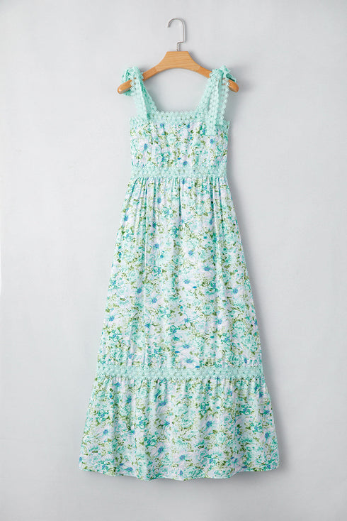 Lace Trim Floral Print Tiered Maxi Dress