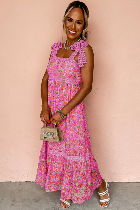 Lace Trim Floral Print Tiered Maxi Dress